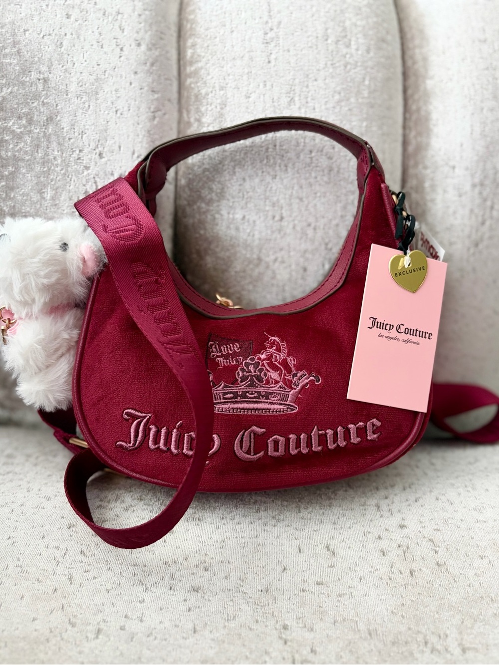 NWT Juicy Couture Velvet Mini Crown Crossbody Burgundy W. Fluffy Puppy Charm